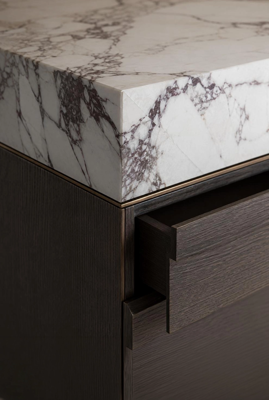 X4 Design and Build luxury marble vanity detail with thick stone edge, dark wood drawer profile, clean handle groove, shadow gap, and refined fit-out craftsmanship